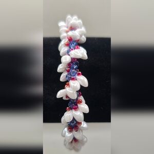 Bracelet Womans Hand Crafted Elegant Red White and Blue Beaded Bracelet